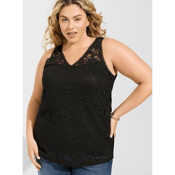 torrid Tops - Torrid Plus Size Women's Stretch Lace V Neck Tank in Deep Black size 1X